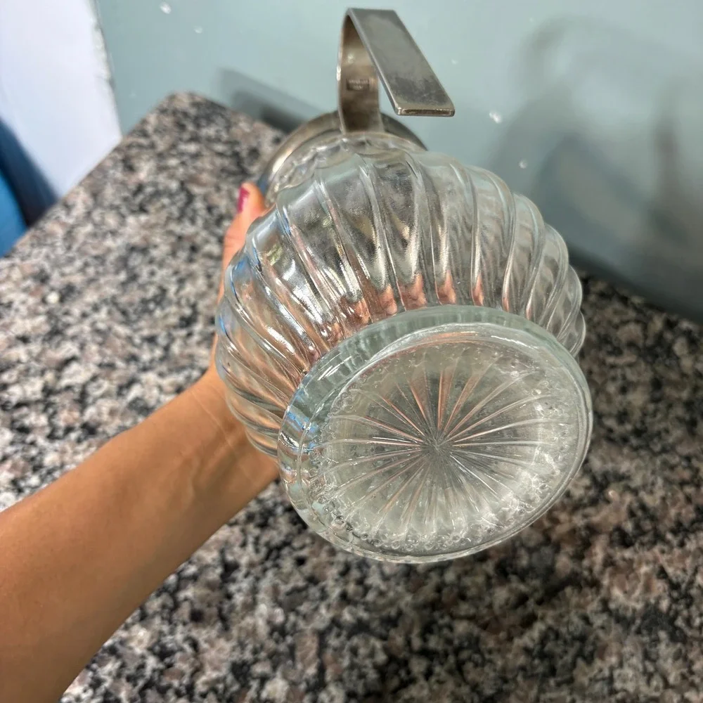 Vintage 1930s Ribbed Glass Pitcher Silver Plated Ice Lip Carafe Made in Italy